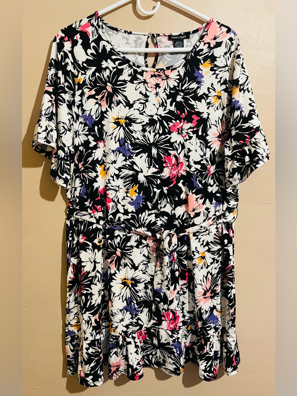 Floral Black and White Belted Dress